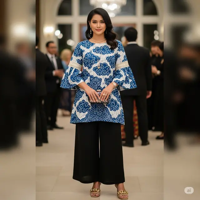 Tunik Batik Lengan Terompet dengan Renda