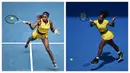 Petenis Amerika Serikat, Coco Gauff (kiri) dan Serena Williams berusaha mengembalikan bola ke arah lawannya di turnamen Australia Open. (Foto Kolase: AFP/Anthony Wallace dan AFP/Peter Parks)