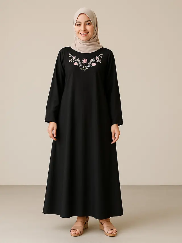 Model Gamis Hitam Kombinasi Bordir/Ilustrasi AI
