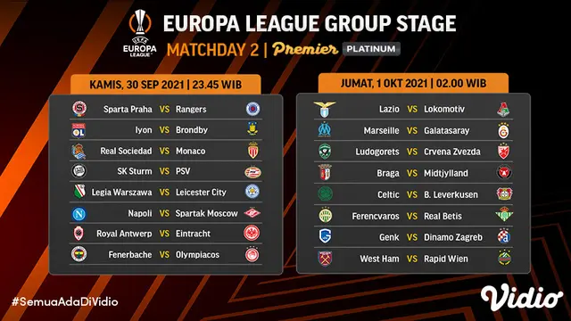 Jadwal dan Live Streaming Liga Europa 2021/2022 Matchday 2 di Vidio Pekan Ini