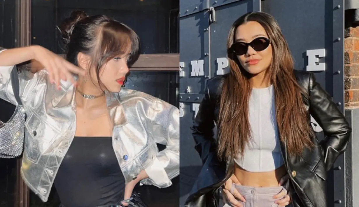 Keduanya tampil mengenakan luaran. Fuji dengan crop top jaket silver dipadukan inner hitam ketat dan bawahan bling-bling. Aaliyah tampil dengan blazer panjang hitam kulit dan inner putih dan celananya. [@fuji_an/@aaliyah.massaid]