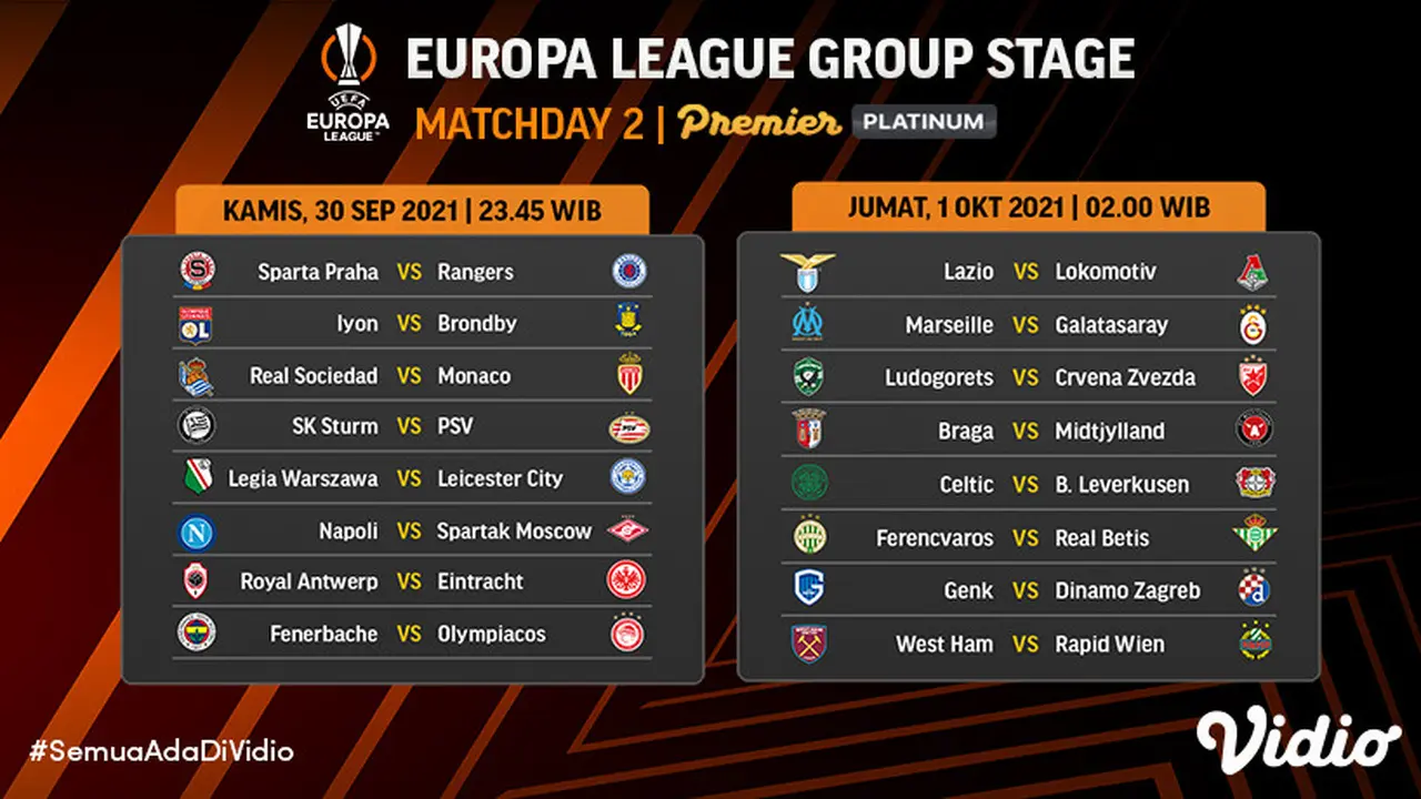 Jadwal dan Live Streaming Liga Europa 2021/2022 Matchday 2 di Vidio Pekan Ini