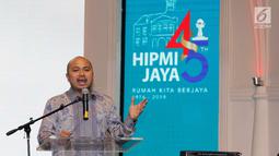 Ketua Umum HIPMI Jaya, Afifuddin Suhaeli Kalla memberikan sambutan pada perayaan HUT HIMPI Jaya ke - 45 di Jakarta, Selasa (30/4/2019). Perayaan yang dihadiri pengusaha dan tokoh senior HIPMI mengusung tema Rumah Kita Jaya. (Liputan6.com/HO/Dodi)