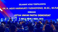 Kongres Partai Demokrat menetapkan Agus Harimurti Yudhono (AHY) kembali menjadi Ketua Umum Partai Demokrat. Selain itu, Kongres AHY juga kembali menetapkan Susilo Bambang Yudhoyono (SBY) menjadi Ketua Majelis Tinggi Partai Demokrat. (Liputan6.com/Delvira Hutabarat)