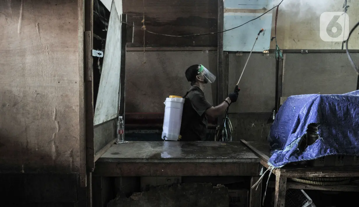 Petugas menyemprotkan cairan disinfektan saat sterilisasi rutin Pasar Sumur Batu, Kemayoran, Jakarta, Rabu (8/7/2020). Pengelola Pasar Sumur Batu rutin melakukan penyemprotan disinfektan setiap Senin, Rabu, dan Jumat guna mencegah penyebaran virus corona COVID-19. (merdeka.com/Iqbal S. Nugroho)