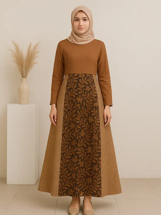 Model Dress Batik Panjang Muslim Kombinasi Polos dan Brokat