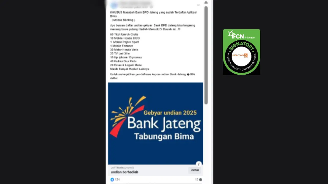 Cek fakta klaim link pendaftaran undian Bank Jateng berhadiah umroh hingga mobil Pajero. Klaim ini beredar di Facebook.