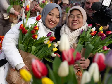 Ribuan orang memetik bunga tulip gratis pada Hari Tulip Nasional yang menandai dibukanya musim tulip 2024 di Museum Square, Amsterdam, Belanda, Sabtu (20/1/2024). (AP Photo/Peter Dejong)