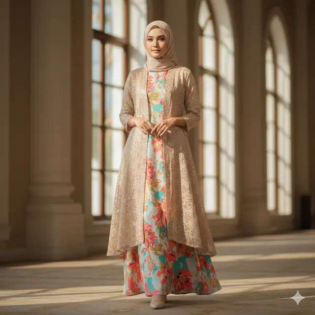 Model Gamis Brokat Cardigan untuk Tampil Anggun