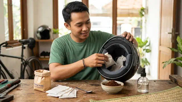 Trik Menghilangkan Bau Apek pada Busa Helm Tanpa Perlu Dicuci Basah, Cukup Pakai Bahan Dapur (AI generated)
