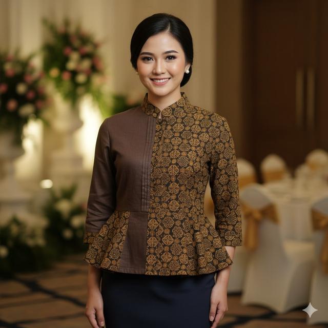 Blouse Batik Wanita Model Peplum Kombinasi Kain Polos untuk Kondangan