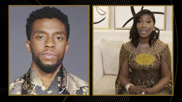 Istri Chadwick Boseman mengucap pidato atas kemenangan suaminya di Golden Globes 2021. (NBC via AP)
