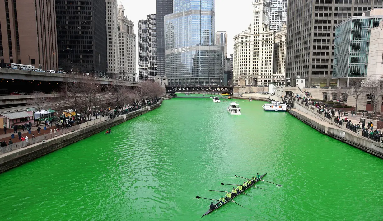 Sejumlah orang berkerjasama mendayung perahu sesaat setelah Sungai Chicago berubah hijau di Illinois, AS, Sabtu (17/3). Pembuatan warna air sungai menjadi hijau itu dilakukan sebagai bagian dari perayaan tahunan St. Patrick's Day. (Olson/Getty Images/AFP)