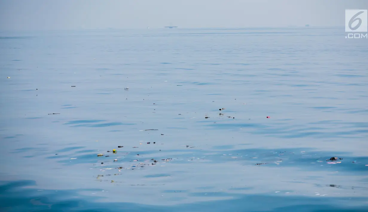 Sampah kiriman mengotori perairan Kepulauan Seribu di sekitar Pulau Pari dan Pulau Pramuka, Rabu (28/11). Sampah itu terbawa arus laut dan terdampar akibat angin serta hujan deras yang melanda daratan Pulau Jawa. (Liputan6.com/Faizal Fanani)