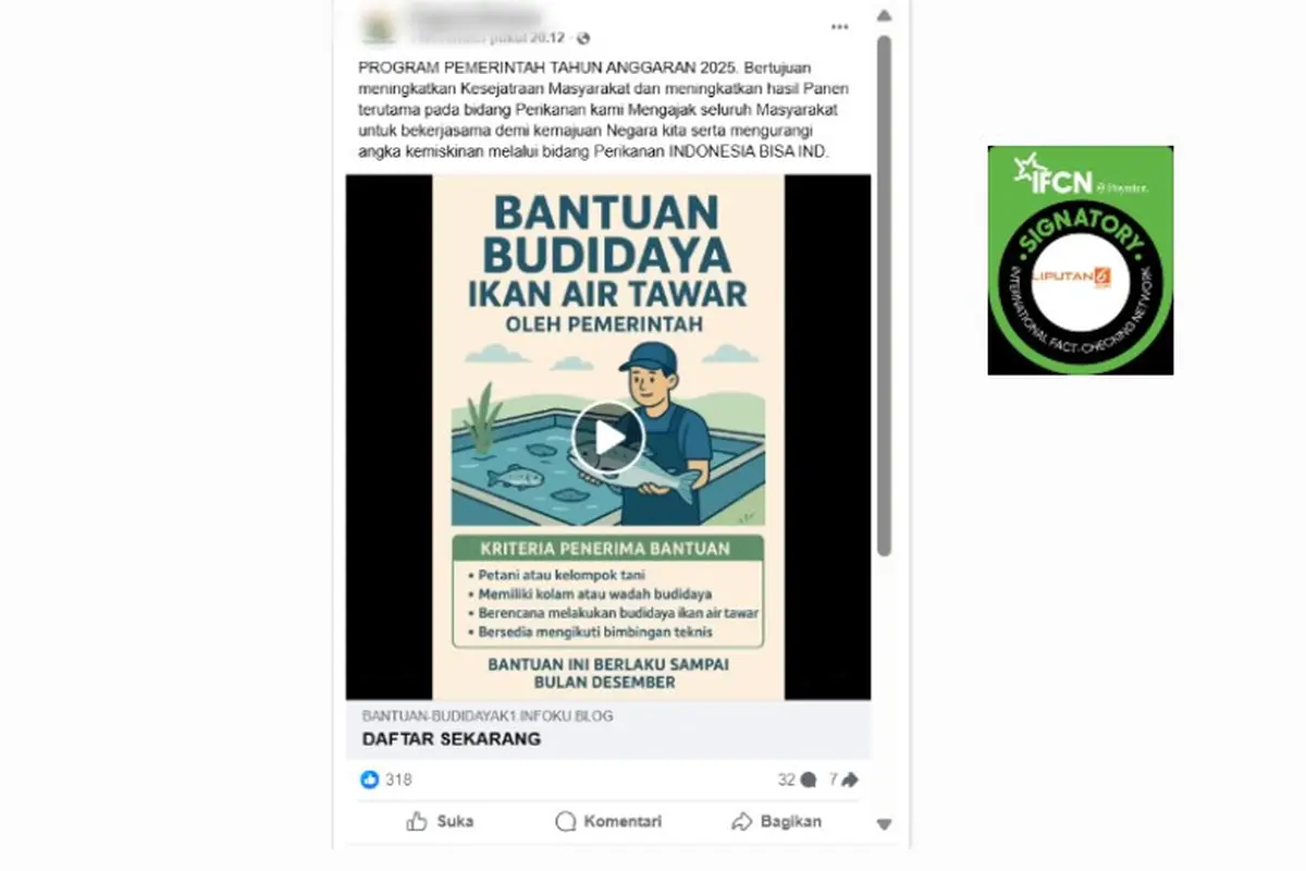Tangkapan layar klaim tautan pendaftaran untuk mendapatkan bantuan budidaya ikan air tawar dari pemerintah yang beredar di Facebook.