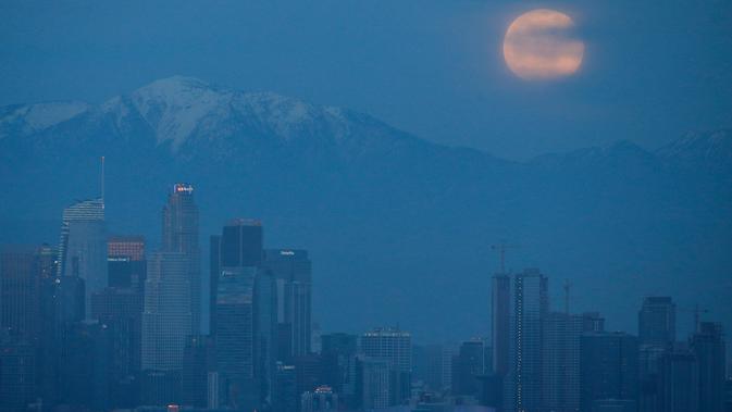 Fenomena gerhana bulan total atau supermoon dengan latar belakang pusat kota Los Angeles terlihat dari Kenneth Hahn Park, Minggu (20/1). Supermoon terlihat dari sejumlah wilayah Amerika Utara dan Selatan, Eropa, dan Afrika Barat. (AP/Ringo H.W. Chiu)