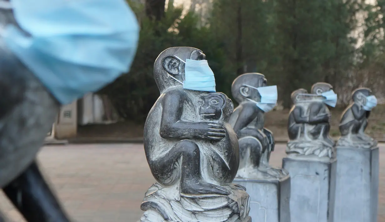 Masker terpasang pada mulut patung berbentuk monyet di Kebun Binatang Beijing, China sebagai bentuk protes, 19 Desember 2016. Kondisi asap yang semakin pekat membuat polusi udara di kota Beijing berada jauh diambang batas aman. (AFP PHOTO/STR/China OUT)