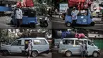 Foto kombinasi para sopir angkot dan bajaj berpose di kawasan Kramat Pulo, Senen, Jakarta Pusat, Selasa (22/6/2021). Bagi para sopir, menjadi pengangkut ondel-ondel merupakan kerja sampingan yang sangat membantu perekonomian mereka. (merdeka.com/Iqbal S. Nugroho)