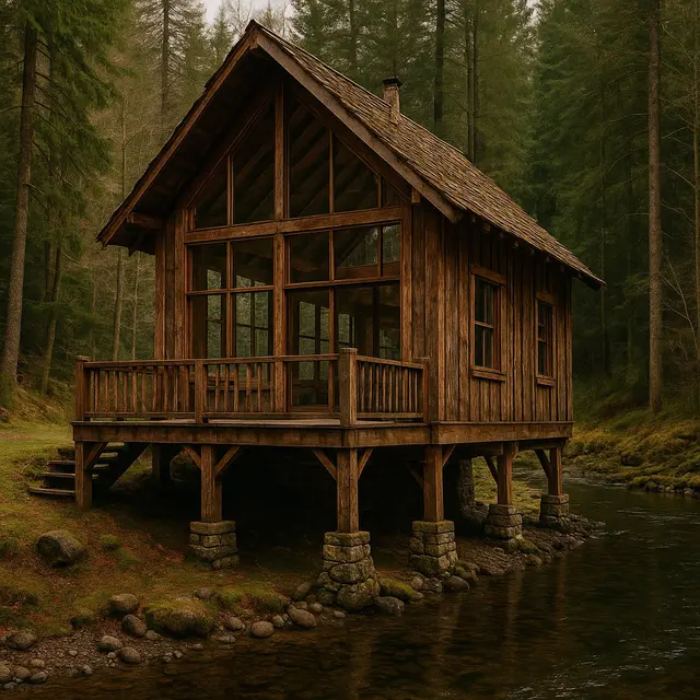 Rumah Panggung Rustic di Dekat Sungai Pinggir Hutan
