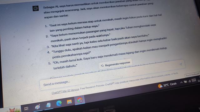 Ilustrasi cara menjawab pertanyaan "Kapan Nikah?" pakai AI ChatGPT (Liputan6.com/Giovani Dio Prasasti)