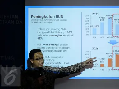 Mendikbud Anies Baswedan menunjukkan grafik peningkatan Indeks Integritas Ujian Nasional (IIUN) 2016 di Gedung Kemendikbud, Jakarta, Rabu (11/5/2016). Adanya IIUN mendorong sekolah untuk meningkatkan nilai integritas. (Liputan6.com/Helmi Fithriansyah)