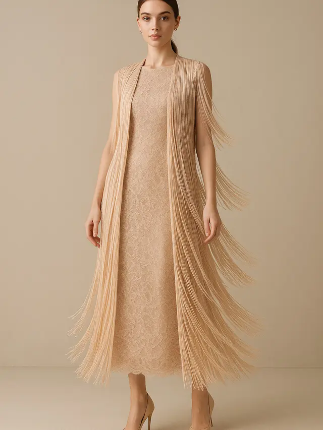 Model Long Dress Brokat Kombinasi Outer Panjang Tanpa Lengan