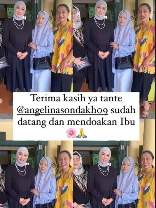 Dalam Instagram Stories, Bella Fawzi mengucapkan terima kasih kepada Angelina Sondakh yang sudah datang dan mendoakan ibunya. Bella yang memakai baju kuning bercorak itu juga sudah mulai bisa tersenyum setelah kesedihan mendalamnya saat sang ibunda dimakamkan. (Liputan6.com/IG/@bellafawzi_/)