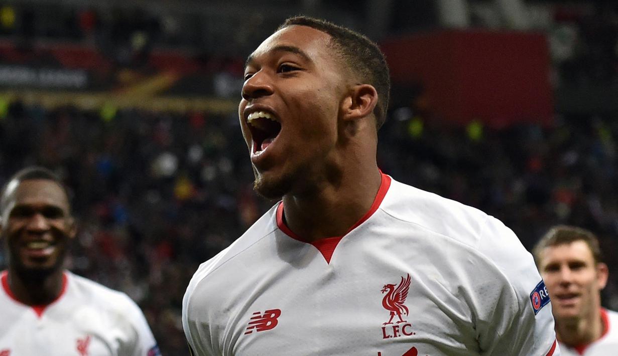 Selebrasi gelandang Liverpool, Jordon Ibe setelah mencetak gol ke gawang Rubin Kazan pada laga fase Grup B Liga Europa 2015/2016 di Kazan, Rusia (5/11/2015). Jordon Ibe yang hanya tampil dalam 58 laga bersama Liverpool dalam 4 musim, 2012/2013 hingga 2015/2016 akhirnya dilepas ke AFC Bournemouth pada awal musim 2016/2017 dengan nilai transfer 18 juta euro atau kini setara Rp295 miliar. (AFP/Kirill Kudryavtsev)