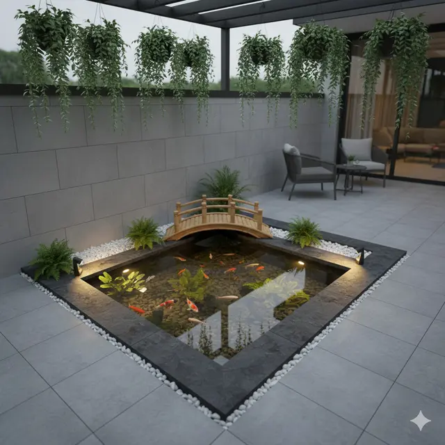 Model Kolam Ikan dengan Jembatan Bambu Mini di Teras Rumah