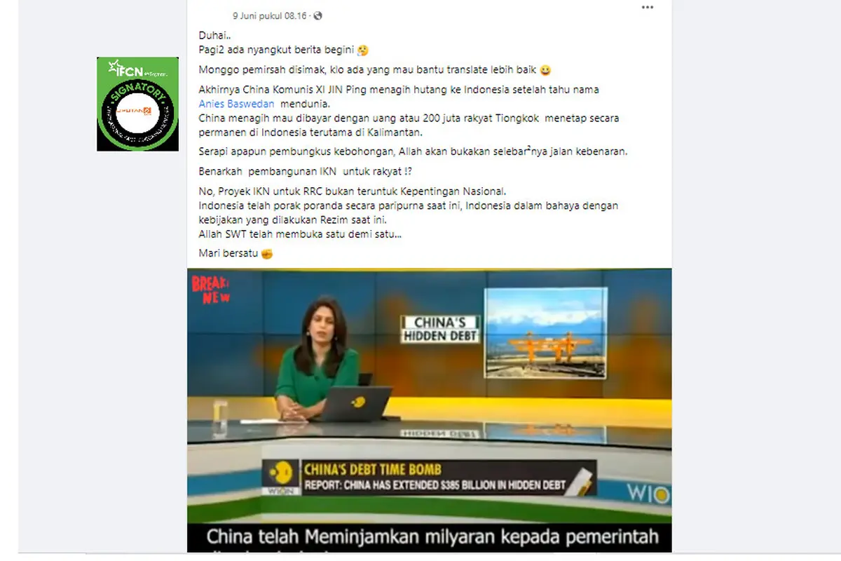 Tangkapan layar klaim berita Presiden China tagih uang pembayaran utang atau 200 juta rakyatnya menetap permanen di Indonesia