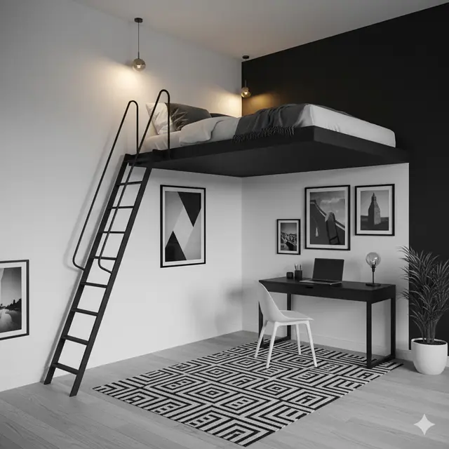 Mezzanine dengan Nuansa Hitam Putih