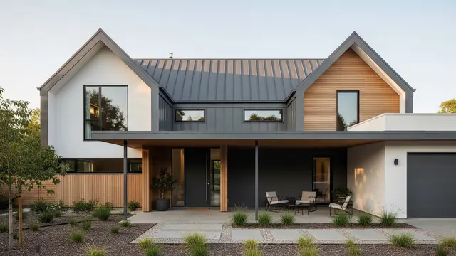 Model Atap Pelana Silang dengan Kanopi Flat Roof