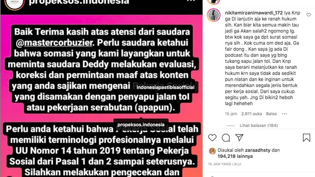 Deddy Corbuzier dan Nikita Mirzani Tantang Propeksos Indonesia Lanjutkan ke Jalur Hukum. (instagram.com/mastercorbuzier)