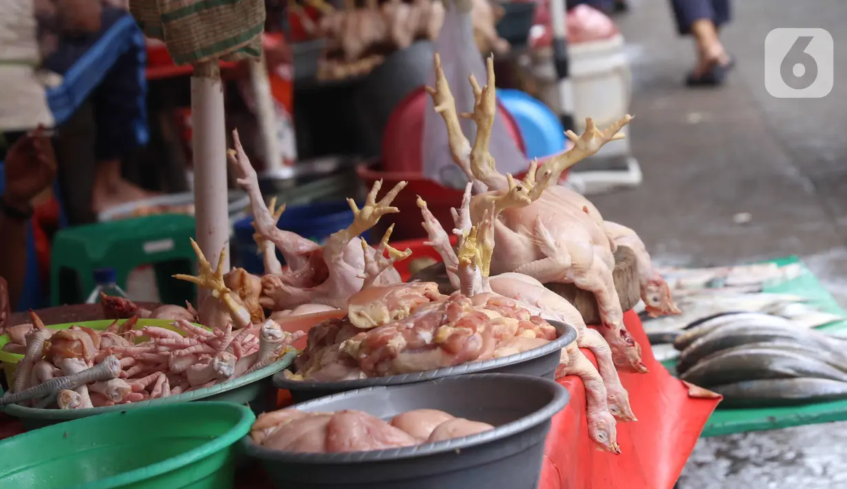 Ayam potong dijual di Pasar Kebayoran Lama, Jakarta, Rabu (14/4/2021). Memasuki bulan Ramadan, harga daging ayam alami kenaikan dari Rp 39 ribu menjadi Rp 45 ribu per kilogram. (Liputan6.com/Angga Yuniar)