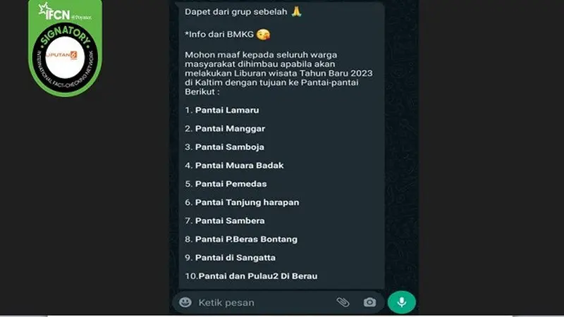 Gambar Tangkapan Layar Pesan Berantai Hoaks Berisi Imbauan Mewaspadai Gelombang Pasang di Kalimantan Timur dari BMKG (sumber: WhatsApp).