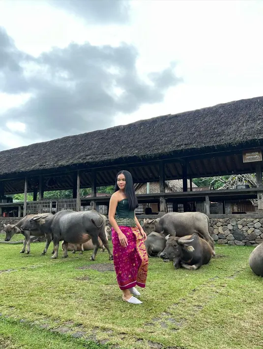 Ini adalah penampilan Yura mengenakan kain tenun bermain dengan kerbau. Serasi dengan atasan kemben tenun hijau bermotif emas yang super cantik, Yura memadukannya dengan kain tenun bernuansa keunguan dan bermotif keemasan. Mana tampilan Yura Yunita dengan wastra Nusantara yang jadi favoritmu?