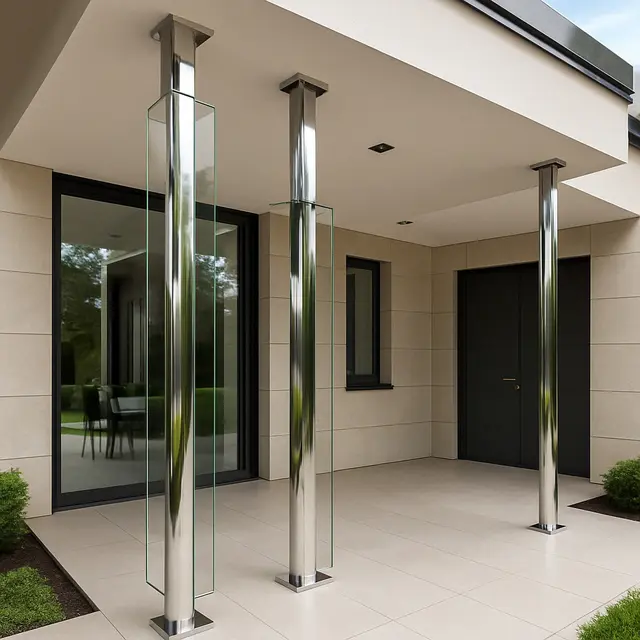 Teras Rumah Mewah dengan Tiang Stainless dan Kaca (Foto: Rizka Nur Laily via ChatGPT)