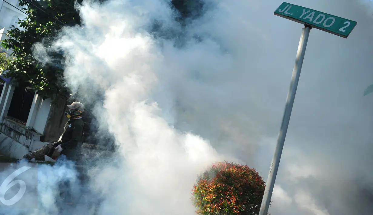 Asap mengepul di permukiman warga saat petugas melakukan pengasapan di Kebayoran Baru, Jakarta, Selasa (9/2). Pengasapan untuk mencegah meluasnya wabah penyakit Demam Berdarah Dengue yang kerap muncul pada masa pancaroba. (Liputan6.com/Gempur M Surya)