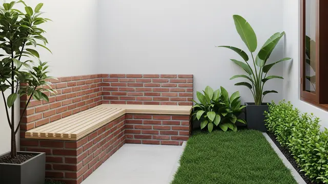 Taman Minimalis dengan Bench dan Tanaman Hijau