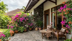 8 Ide Teras Rumah dengan Bougenville dan Batu Alam yang Bikin Fasad Makin Cantik