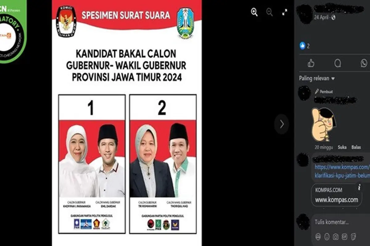 Gambar tangkapan layar spesimen surat suara Pilkada Jatim 2024 menampilkan dua pasangan calon gubernur dan wakil gubernur. (sumber: Facebook)