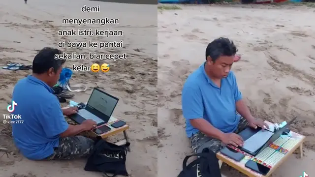 Demi Menyenangkan Anak dan Istri, Suami Bawa Laptop dan Meja Kerja Pada Saat Liburan