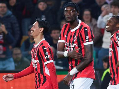 AC Milan tampil perkasa untuk menggilas tuan rumah Udinese pada lanjutan Liga Italia di Bluenergy Stadium, Sabtu (12/4/2025) dini hari WIB. (Andrea Bressanutti/LaPresse via AP)