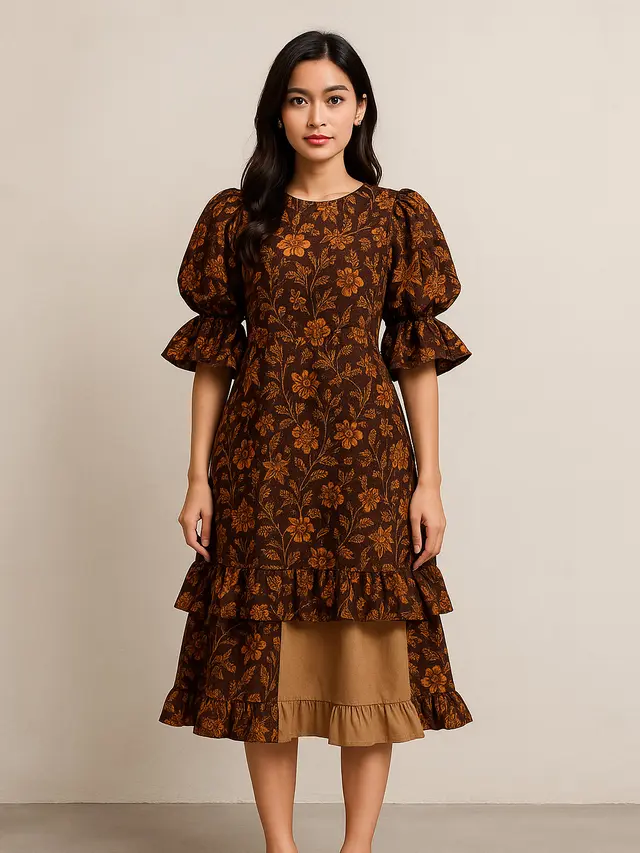 Model Dress Batik Lengan Balon Two Tone Kekinian