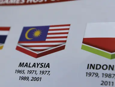 Bendera Merah-Putih dicetak terbalik pada buku Opening Ceremony SEA Games 2017 di Kuala Lumpur, Malaysia (20/8/2017). Indonesia melalui Kementrian Luar Negeri mengajukan note protes atas kesalahan tersebut. (AP Photo/Yau)