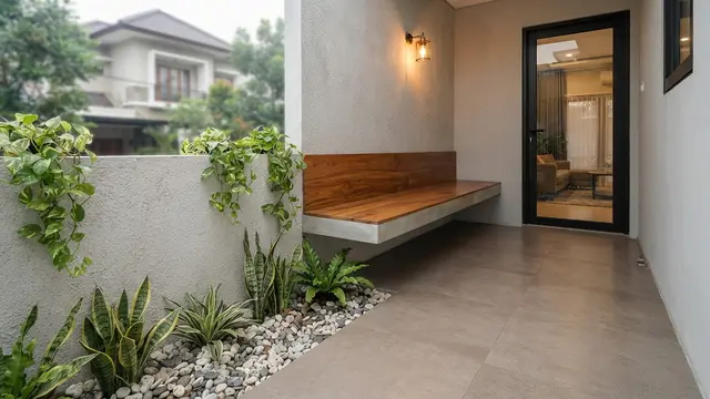 Teras Rumah 1,5 Meter dengan Taman Kering di Sepanjang Dinding