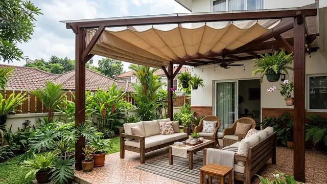 Inspirasi Teras Belakang dengan Atap Pergola dan Penutup Hujan yang Dapat Dibuka