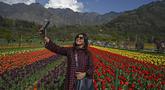 Seorang turis berswafoto menggunakan ponsel di Tulip Garden yang diklaim terbesar di Asia, di Srinagar, India pada Rabu (5/4/2023). (Photo by TAUSEEF MUSTAFA / AFP)