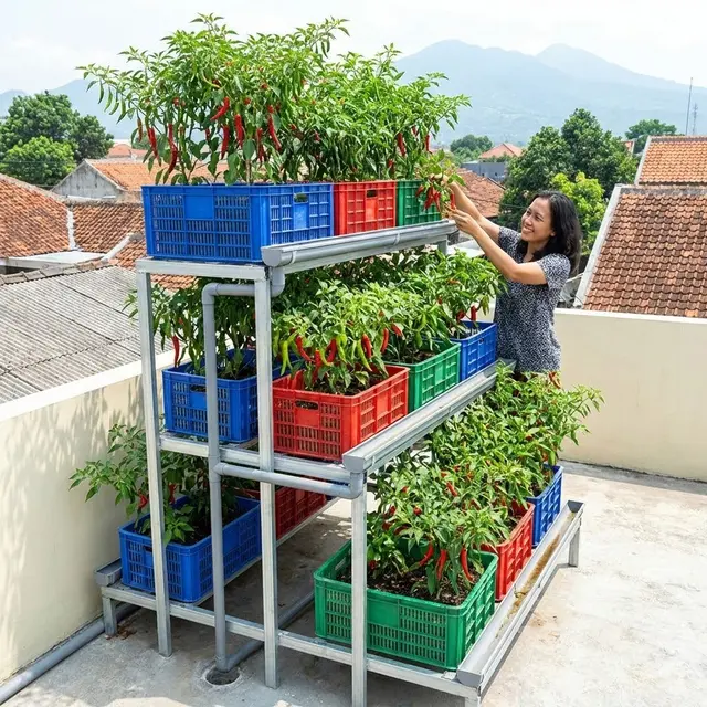 Desain Kebun Cabai Pakai Keranjang Plastik Bekas Anti Becek