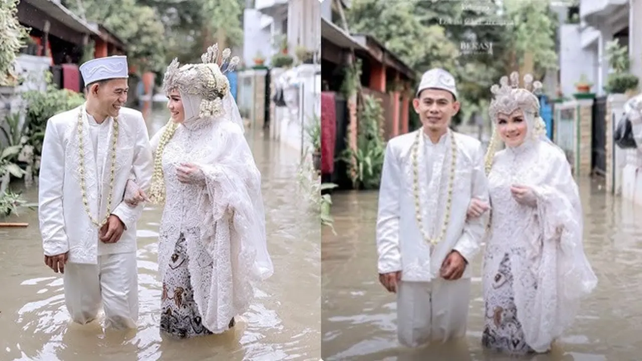 Viral Potret Pernikahan Pasangan saat Banjir di Bekasi, Tuai Pujian